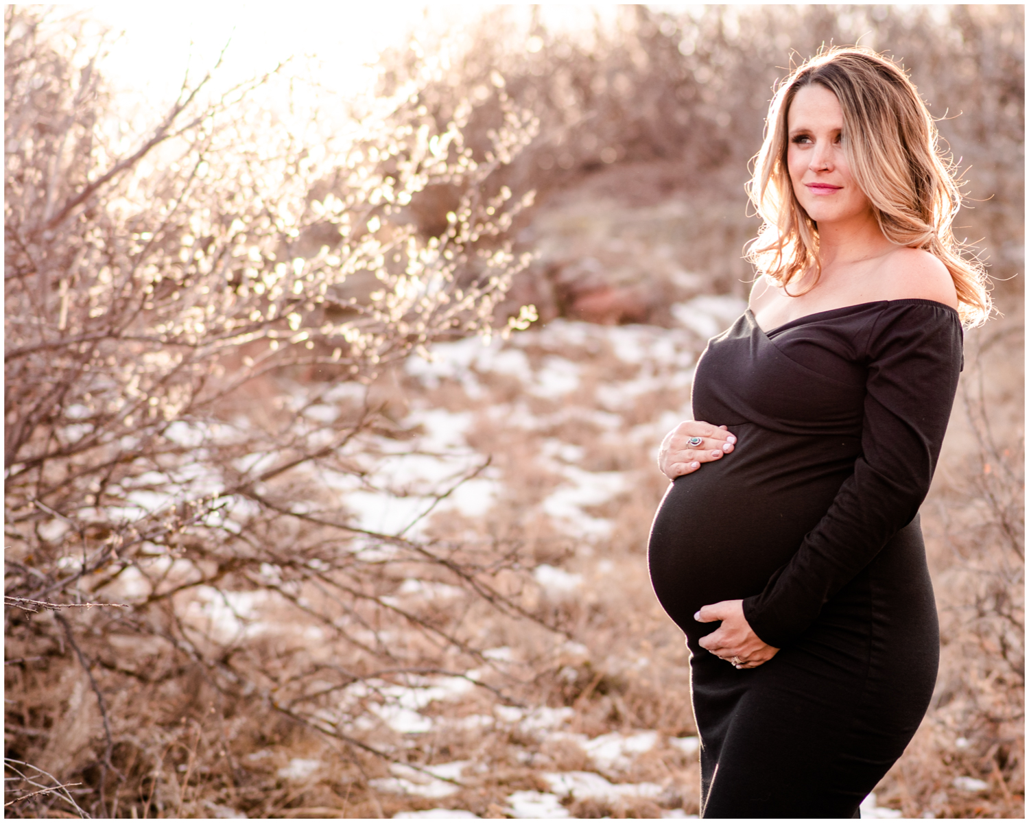 Sarah Brooks Styled Winter Maternity Session | Britni Girard Photography - Colorado Lifestyle Photographer - Black Dress maternity shoot in rocky mountains | Hair and Makeup by Chaundra Nelms Revier Glam 5280
