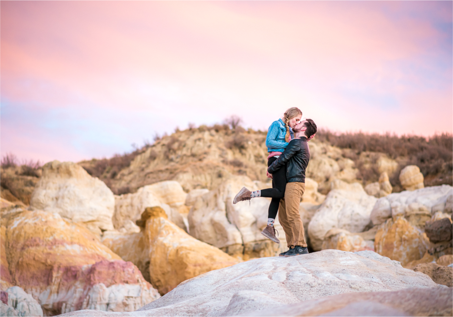 Engagement at Colorado Paint Mines in Calhan, Colorado near Colorado Springs | Britni Girard Photography Colorado Wedding Photographer, adventure engagement session with whimsical charm for two newly engaged artists | Sunset Engagement at Paint Mines