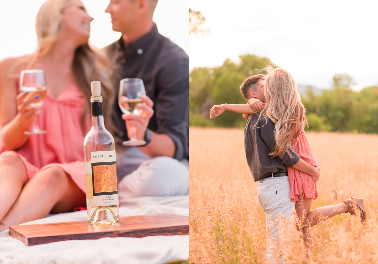 Romantic Winery engagement at Sweet Heart Winery in Loveland  | Britni Girard Photography, Colorado Wedding Photographer | Strolls along the Big Thompson River at Sunset, toasting their engagement with Sweet Heart Wine and dancing in the field during sunset