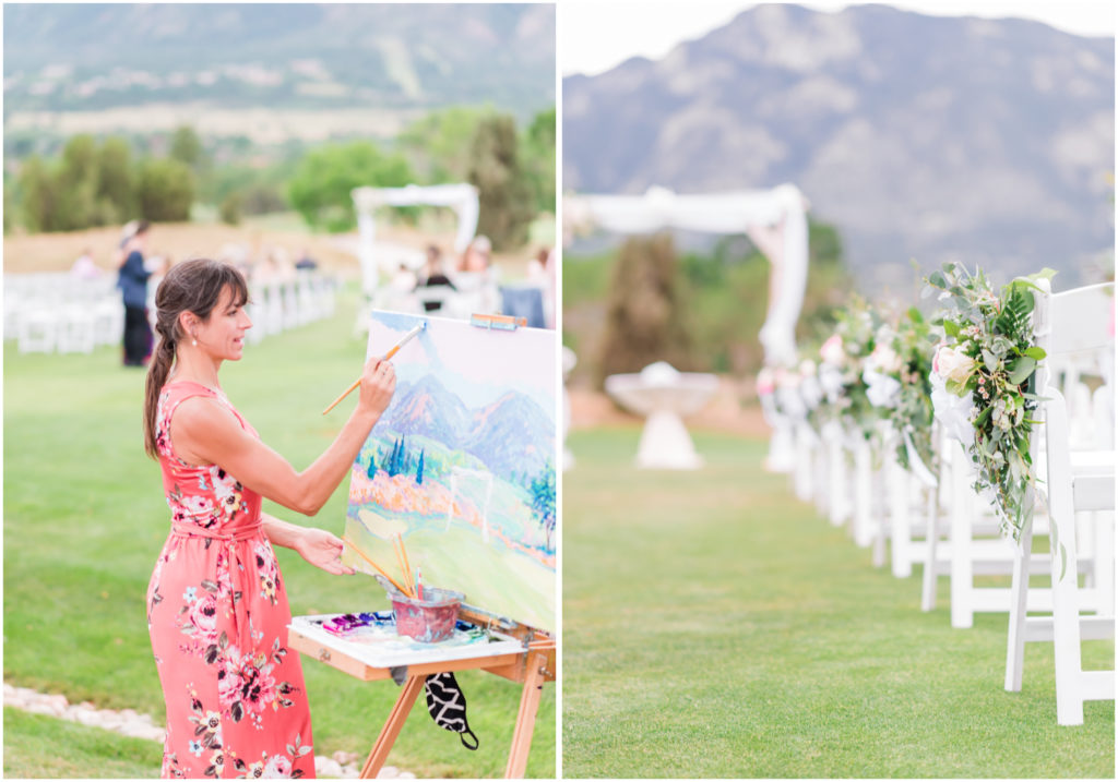 Elegant wedding on the chipping green at Cheyenne Mountain Resort | Britni Girard Photography | Colorado Wedding Photo and Video Team | Live Painting of Ceremony Site Julia Dordoni
