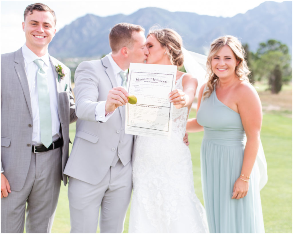 Elegant wedding at Cheyenne Mountain Resort | Britni Girard Photography | Colorado Wedding Photo and Video Team | Just married toast on the chipping green | Dress from Brickhouse Bridal in Houston | Grooms Suit from Generation Tux