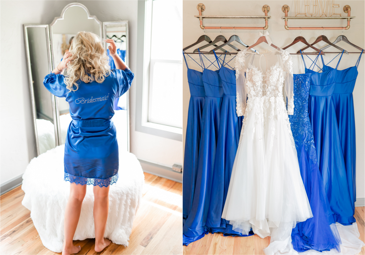 Romantic and Rustic Wedding at The Mill in Windsor | Britni Girard Photography | Colorado based wedding photography and videography team | Bride and Bridesmaids in Robes in the Bridal House | Royal Blue and White