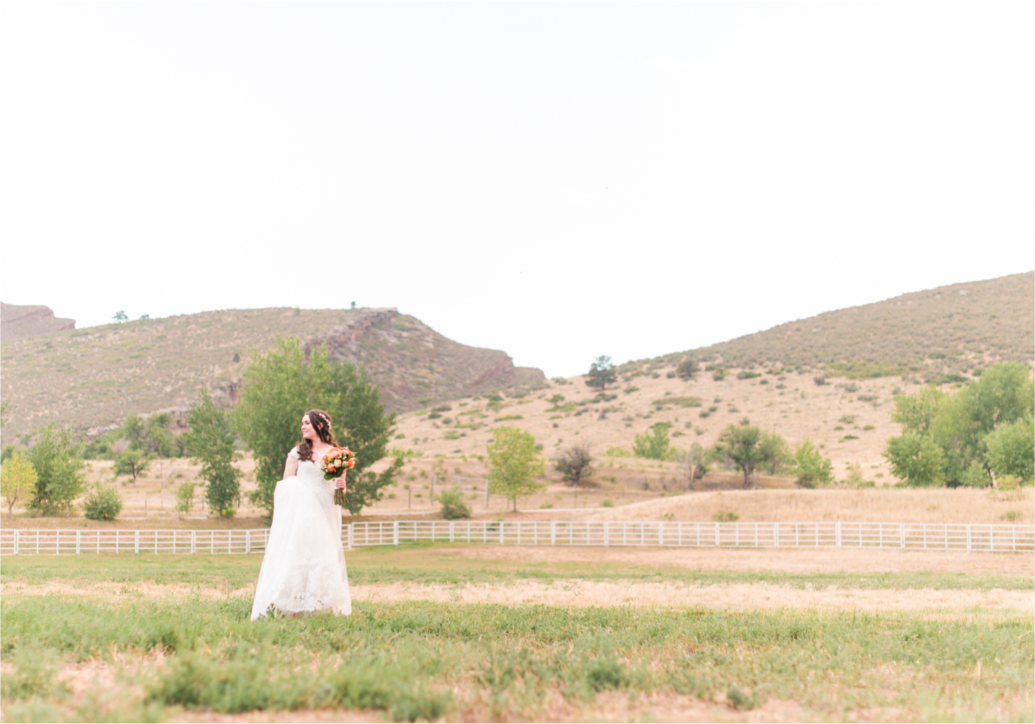 Summer Ellis Ranch Wedding in Loveland Colorado | Britni Girard Photography | Wedding Photo and Video Team | Bride hair Dondi AtWow from Sola Salon in Loveland | Floral hair crystals | Bridal Portraits | Orange Bouquet | Bride in Field at Rance