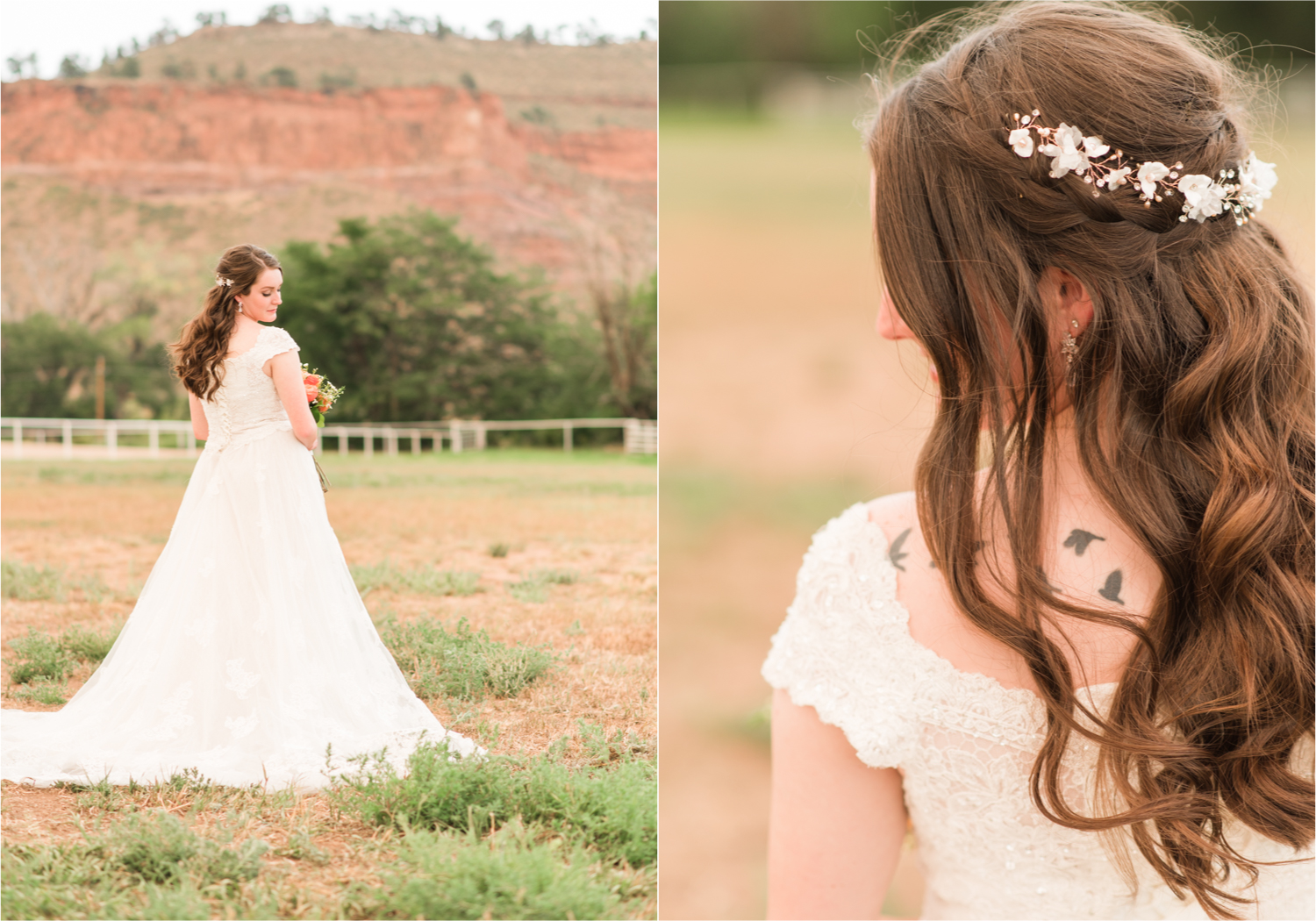 Summer Ellis Ranch Wedding in Loveland Colorado | Britni Girard Photography | Wedding Photo and Video Team | Bride hair Dondi AtWow from Sola Salon in Loveland | Floral hair crystals | Bridal Portraits | Orange Bouquet