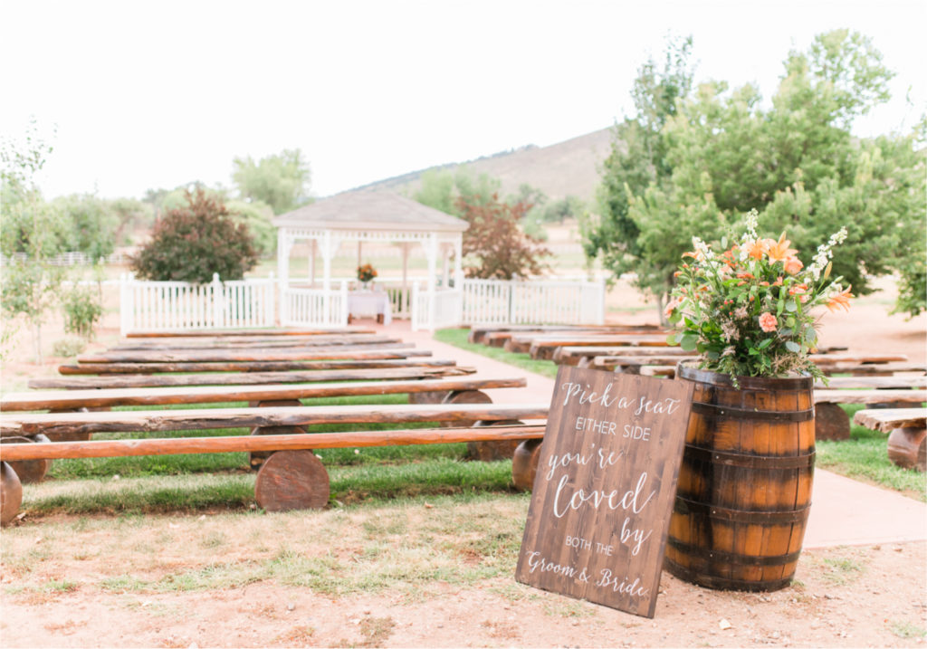 Summer Ellis Ranch Wedding in Loveland Colorado | Britni Girard Photography | Wedding Photo and Video Team | Gazebo Ceremony on Rustic Colorado Ranch - Wood Benches and Whiskey Barrels