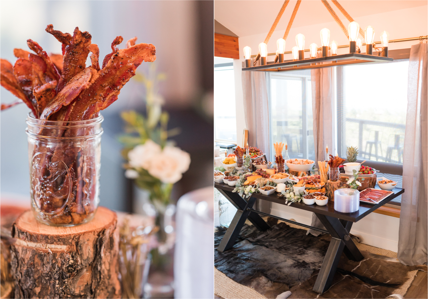 Autumn mountain wedding in Florence Colorado | Britni Girard Photography | Colorado Wedding Photo and Video Team | Mountainside Cabin for intimate wedding with rustic farm-tables and romantic details | Large Charcuterie Table for Cocktail Hour with Bacon