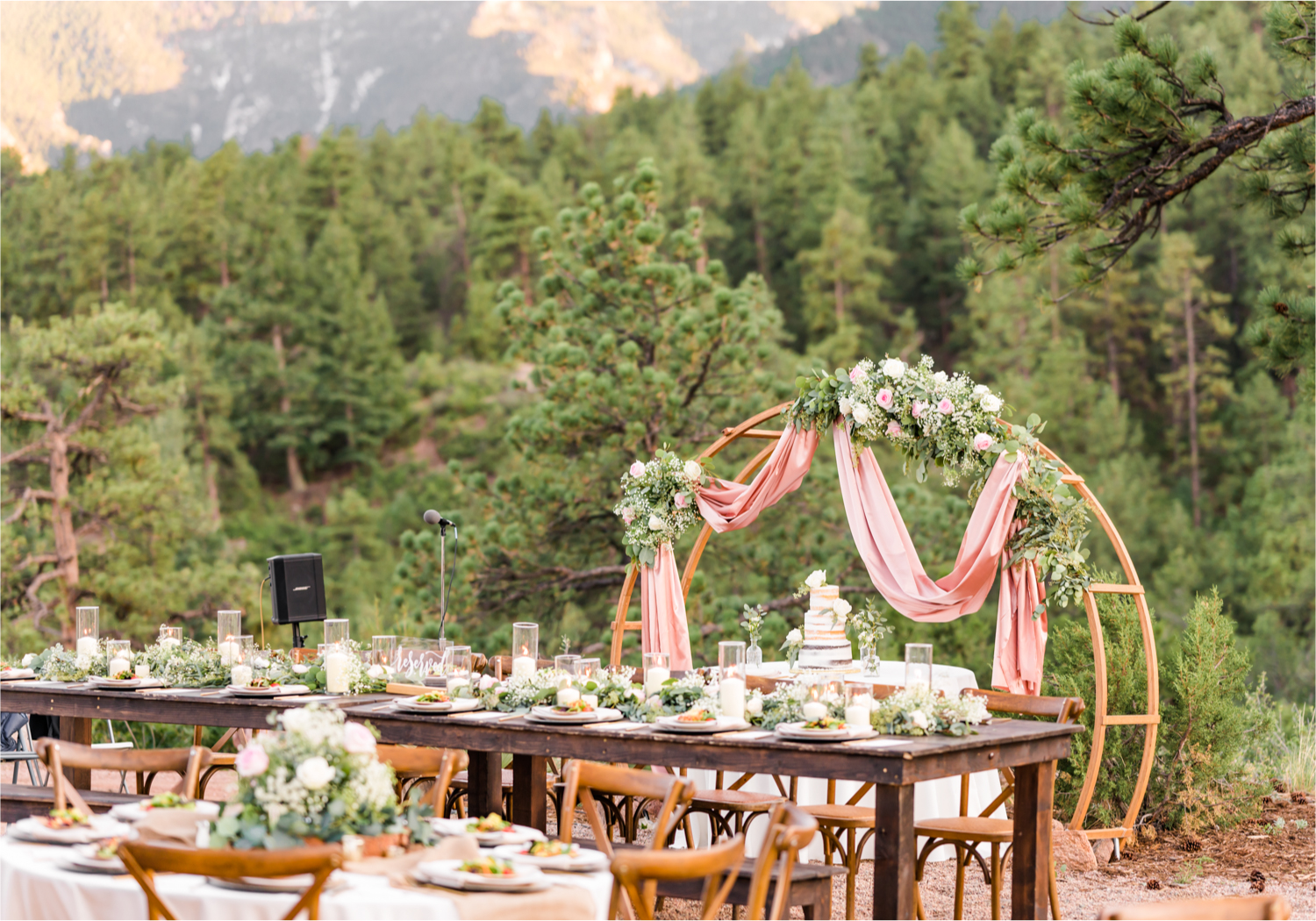 Autumn mountain wedding in Florence Colorado | Britni Girard Photography | Colorado Wedding Photo and Video Team | Mountainside Cabin for intimate wedding with rustic farm-tables and romantic details | Wedding Colors White, Dusty Rose and Sage | Catering by The Picnic Basket | Florals by Skyway Creations