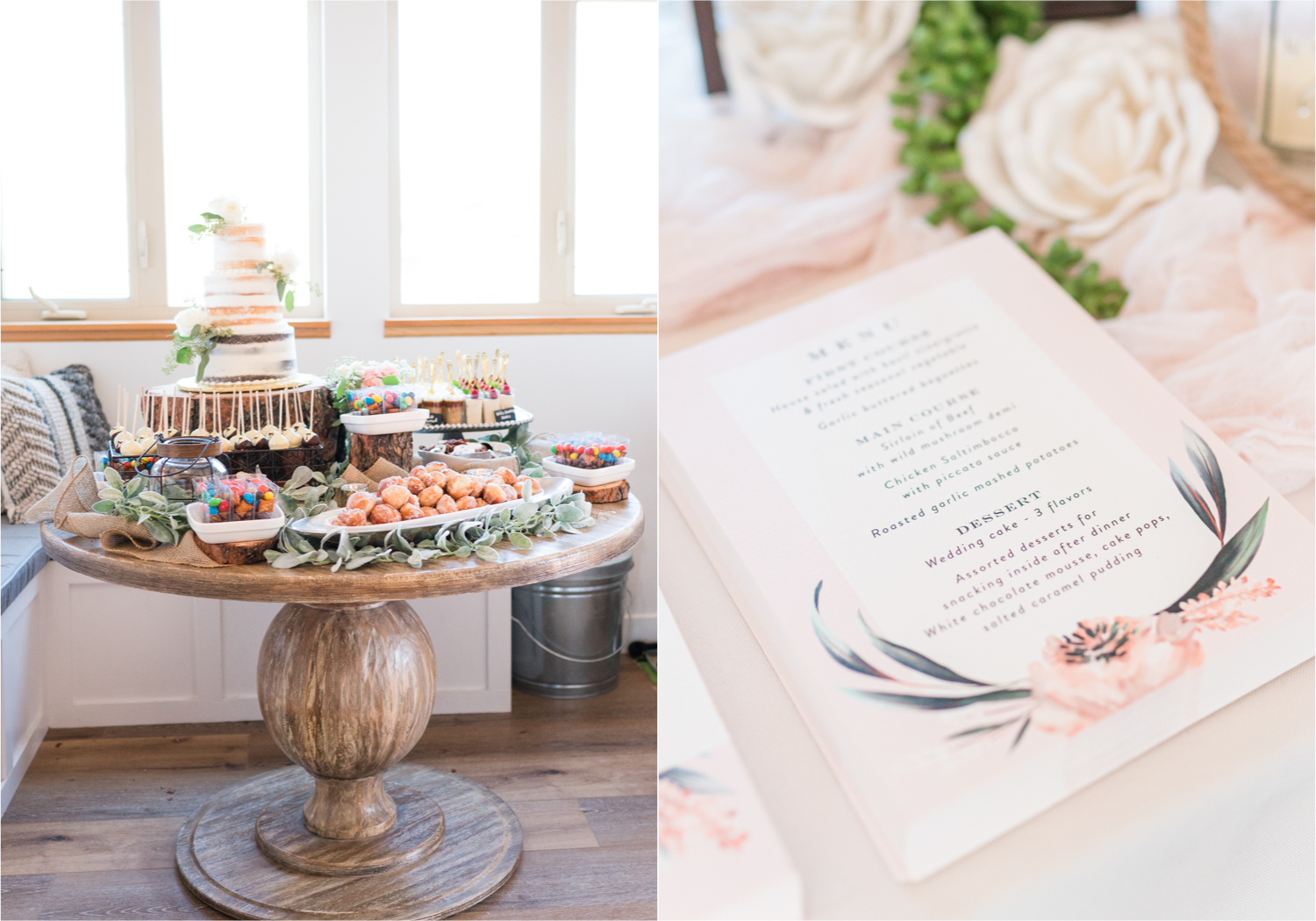 Autumn mountain wedding in Florence Colorado | Britni Girard Photography | Colorado Wedding Photo and Video Team | Mountainside Cabin for intimate wedding with rustic farm-tables and romantic details | Rustic Dessert Table with cake by Sugar Plum Cake Shoppe 