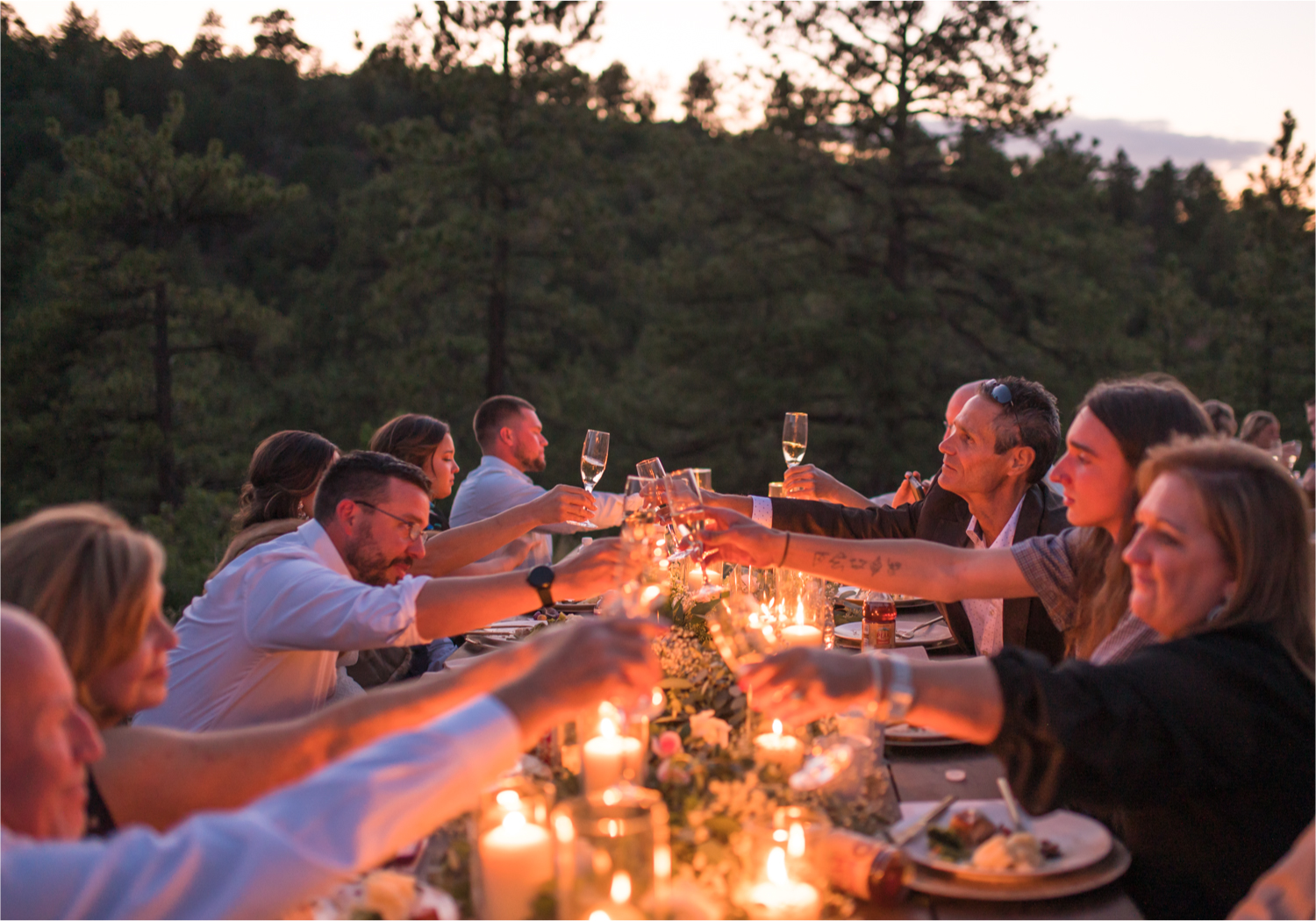 Autumn mountain wedding in Florence Colorado | Britni Girard Photography | Colorado Wedding Photo and Video Team | Mountainside Cabin for intimate wedding with rustic farm-tables and romantic details | Sunset Toast with food by The Picnic Basket