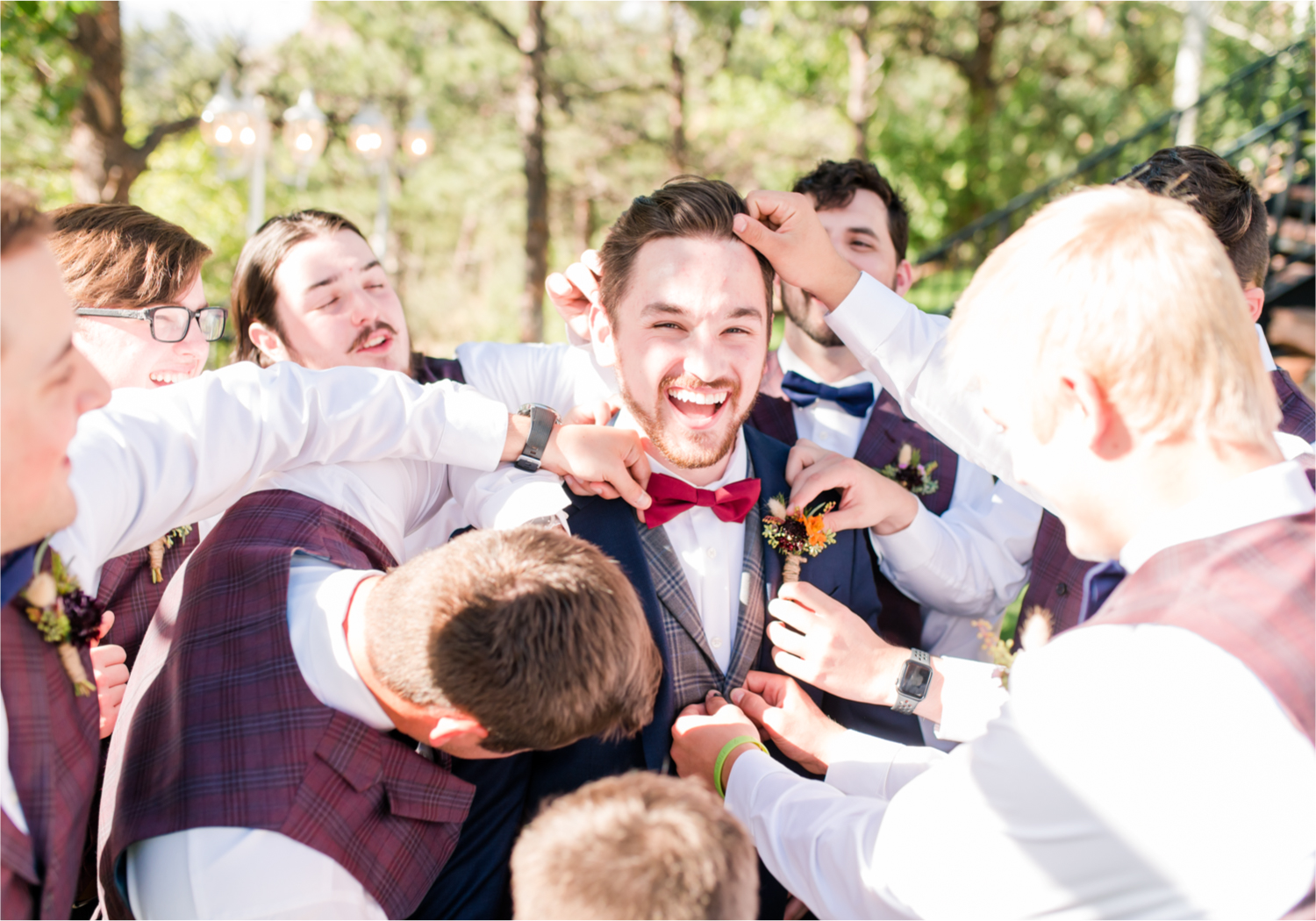 Romantic Whimsical Wedding at the Lionscrest Manor in Lyons, CO | Britni Girard Photography - Wedding Photo and Video Team | Rustic Fall Decor mixed in Burgundy, Blush, Gold and Sage | Groomsmen Getting Ready | Custom Suit from Jos. a Banks