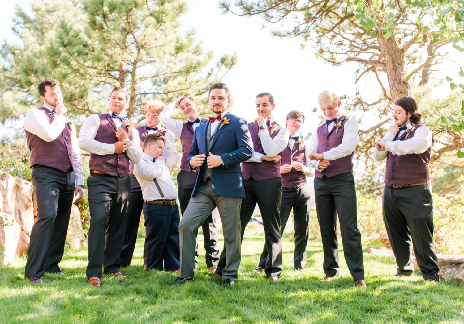Romantic Whimsical Wedding at the Lionscrest Manor in Lyons, CO | Britni Girard Photography - Wedding Photo and Video Team | Rustic Fall Decor mixed in Burgundy, Blush, Gold and Sage | Groomsmen | Custom Suit from Jos. a Banks