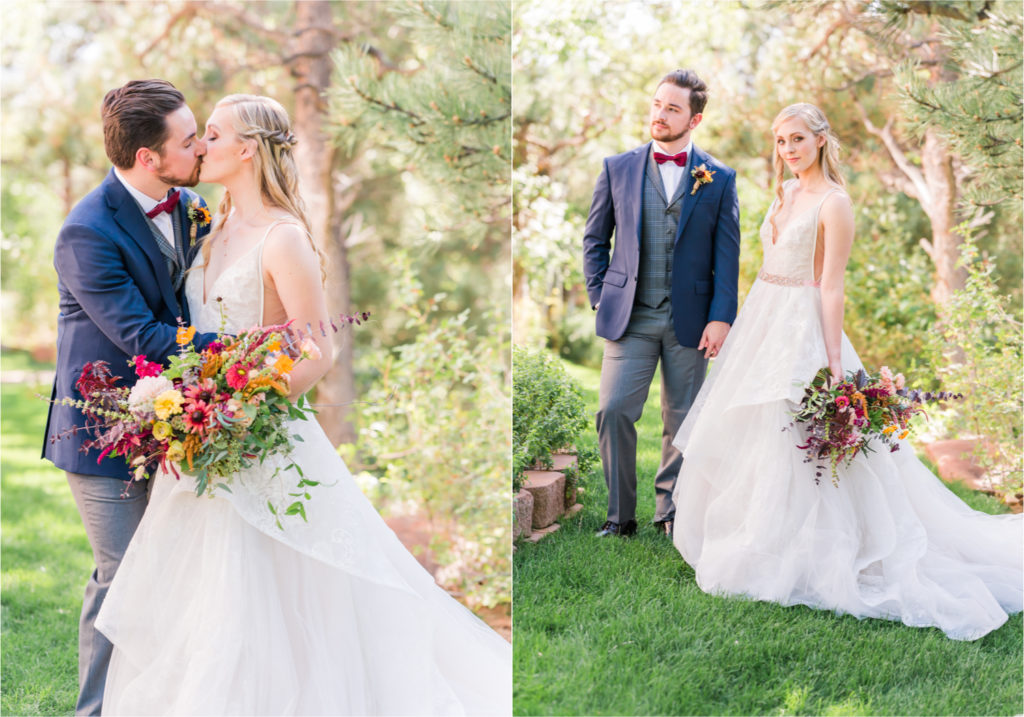 Romantic Whimsical Wedding at the Lionscrest Manor in Lyons, CO | Britni Girard Photography - Wedding Photo and Video Team | Rustic Fall Decor mixed in Burgundy, Blush, Gold and Sage | Groom in Custom Suit from Jos. a Banks | Romantic Bride and Groom Portraits in the rocky mountains | Wedding Dress from Anna Be Bridal by Hailey Paige | Hair and Makeup by Glam 5280 Chaundra Revier | Florals by Aflorae