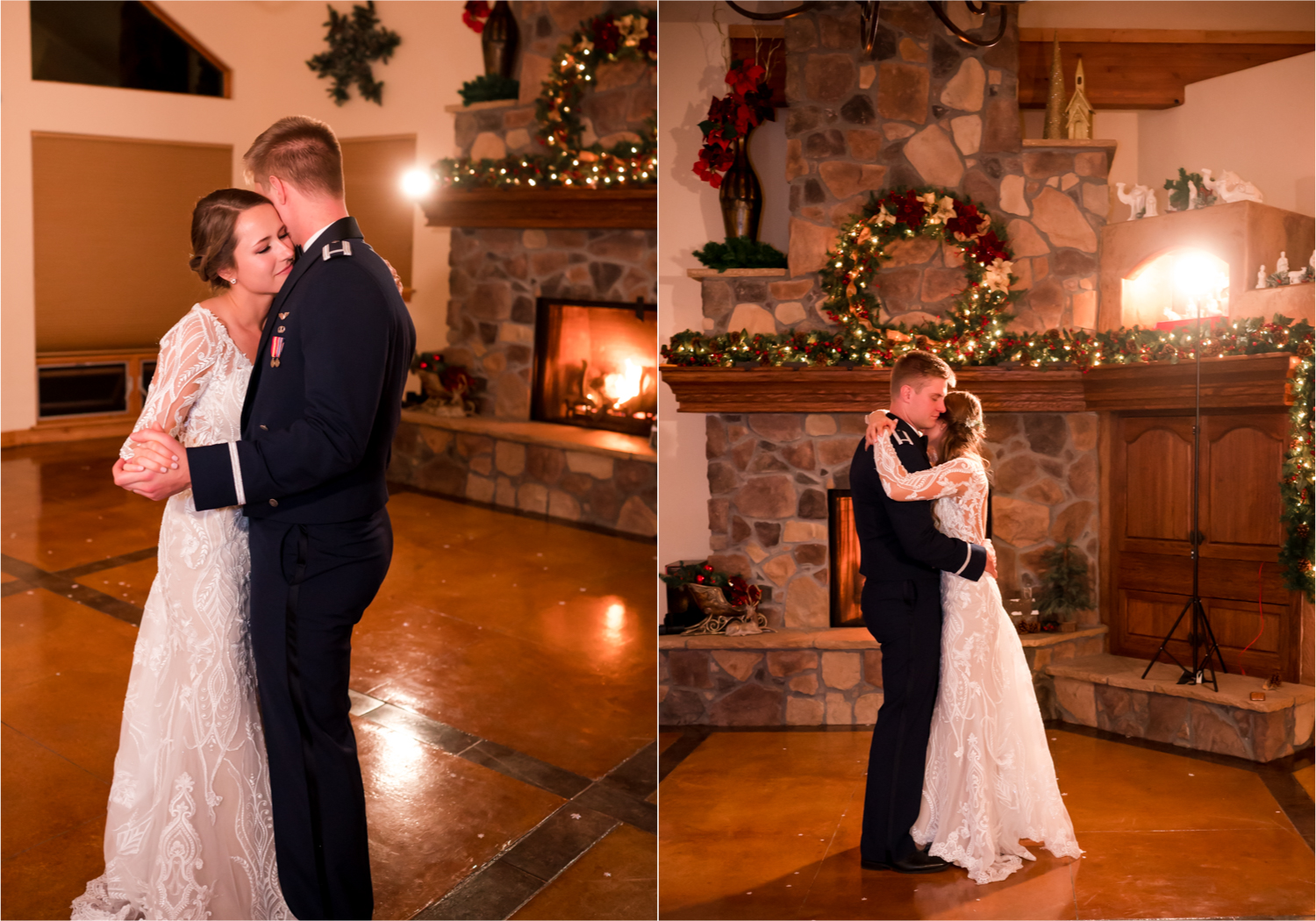 Winter Wonderland Wedding in Colorado Springs | Britni Girard Photography Colorado Wedding Photography and Film Team | Snow covered mountains and Christmas just a few days away | Annika + John's Nostalgic Winter Wedding | Bride's Dress iDream Bridal Essence of Australia | Air Force Academy | Rustic Winter Reception Bride and Groom Last Dance by Fireplace