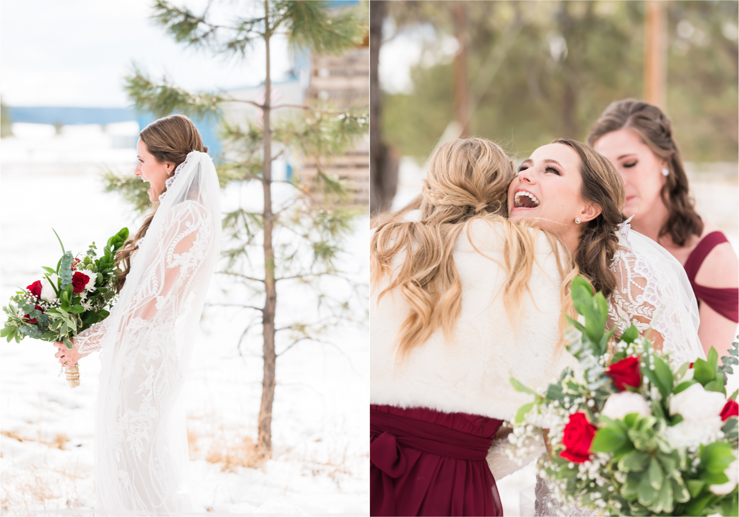 Winter Wonderland Wedding in Colorado Springs | Britni Girard Photography Colorado Wedding Photography and Film Team | Snow covered mountains and Christmas just a few days away | Annika + John's Nostalgic Winter Wedding | Bride's Dress iDream Bridal Essence of Australia | Air Force Academy | Bridesmaid First Look | Bridesmaid Dresses by Azazie