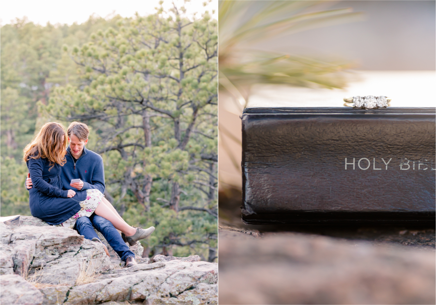 Winter Engagement on Lookout Mountain in Golden Colorado | Britni Girard Photography | Destination Photo and Video Team | Engagement Ring and Bible. Epic views of Golden, dreamy sunsets, dancing and snuggles.  A sweet couple shares time of prayer together during their romantic engagement session.